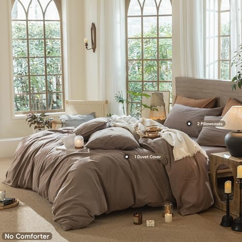 MooMee Wavy Striped Duvet Cover Set 100% Washed Cotton Linen Like Textured Breathable Durable Soft Comfy (Brown, Queen 90"x90") - Image 2