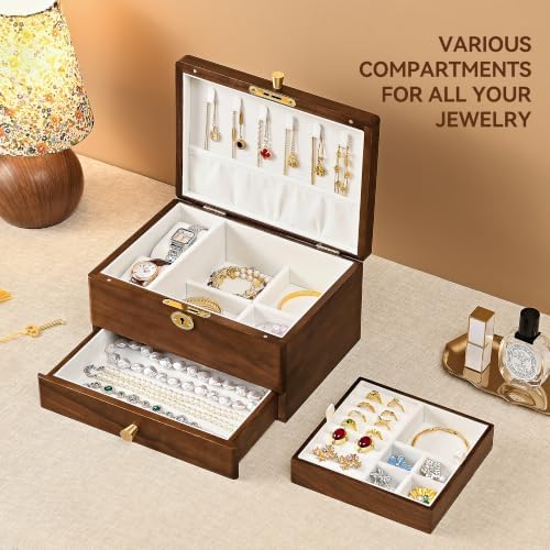 Black Walnut Jewelry Box for Women, 3 Layer Top Lock Wooden Organizer Case - Image 3