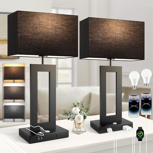 3 Color Temperatures Black Table Lamps for Bedrooms Set of 2, 22’’ Touch Control Bedside Nightstand Lamps with 2 USB Ports & AC Outlet, Modern Lamp Sets for Living Room, Stepless Dimming, Black Shade by Kondras