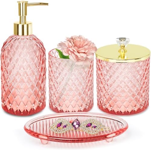 Haturi Glass Bathroom Accessories Set, Light Pink Bathroom Set, 4 Pcs by Haturi