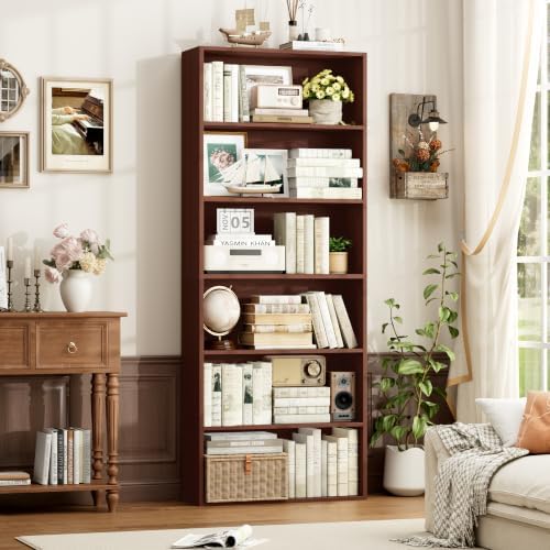 FOTOSOK 6 Tier Tall Bookshelf and Bookcase with Open Display Shelves,Cherry - Image 2