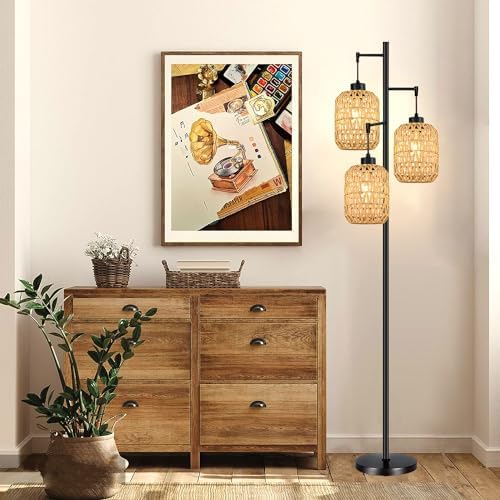 QIYIZM Floor Lamp for Living Room,Bedroom,Boho Rattan Tree 3 Lights Farmhouse Floor Lights,Industrial Black Standing Lamp Wicker Rustic Tall Lamp,Woven Bamboo LampShade Floor Lamps Bohemian - Image 7