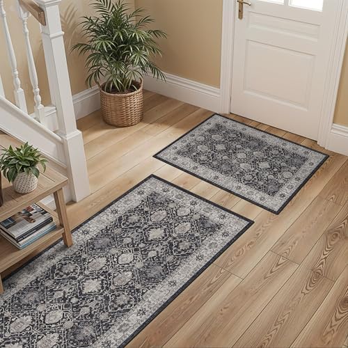 Kitchen Sink Rugs Set 0f 2: Washable Non-Slip Hardwood Floor Mat for Stove Dishwasher Fronts Soft Stain Resistant Carpet for Cooking Area & Fridge Boho Home Decor for High Traffic Area(2x3+2x4,Black) - Image 3