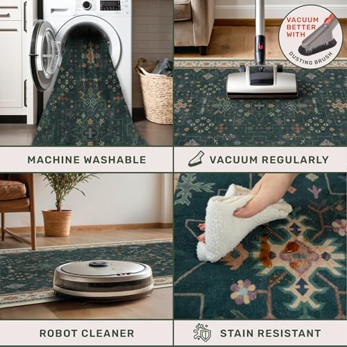 Dark Green Oushak 2x4 Entryway Rug - Modern Vintage Boho Eclectic Floral Pastel, Washable Low Pile Non-Slip Small Throw Area Rugs for Door Mat Indoor Entrance, Kitchen, Bathroom, Bedroom, Laundry - Image 3