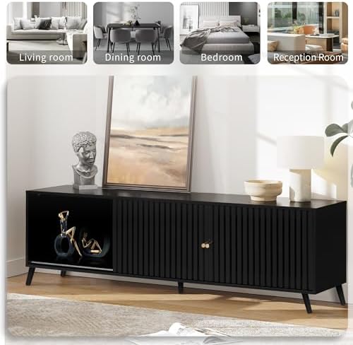 Oubayajia Mid Century Modern TV Stand for Televisions up to 70 Inches, with Sliding Doors and Storage, Television Stands, TV Consoles, Media Consoles for Living Room, 63 Inch (Black) - Image 6