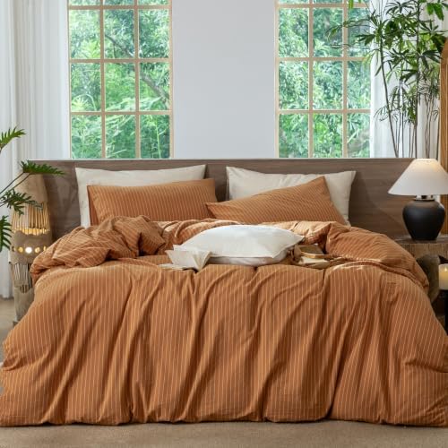 MooMee Striped Duvet Cover Set 100% Washed Cotton Linen Like Queen by MOOMEE