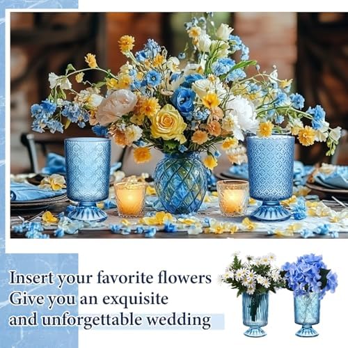 6 Pcs (H:7" W:4") Embossed Flower Vase Pedestal Glass Vase, Blue - Image 6