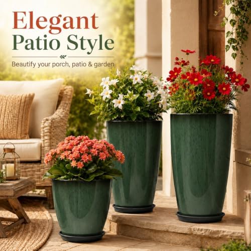 Neoaider Set of 3 Tall Planter, 24/21/12in Large Plastic Planter, DarkGreen - Image 5