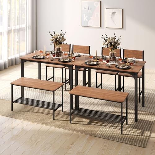 Dining Table Set for 4 with Storage Bench & 2 Chairs, Teak - Image 5