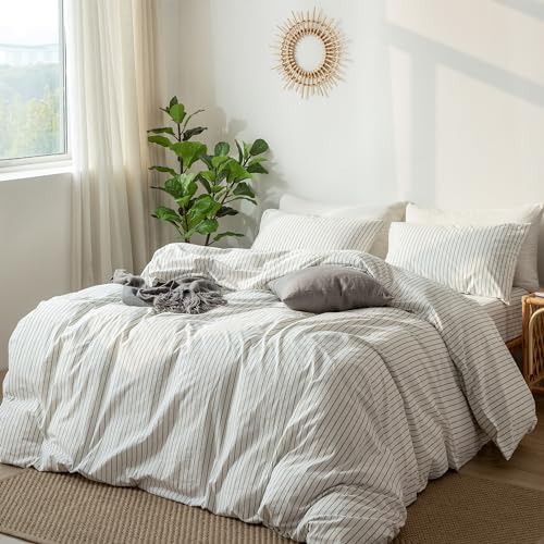 MooMee Striped Duvet Cover Set 100% Washed Cotton Linen Like - Image 4