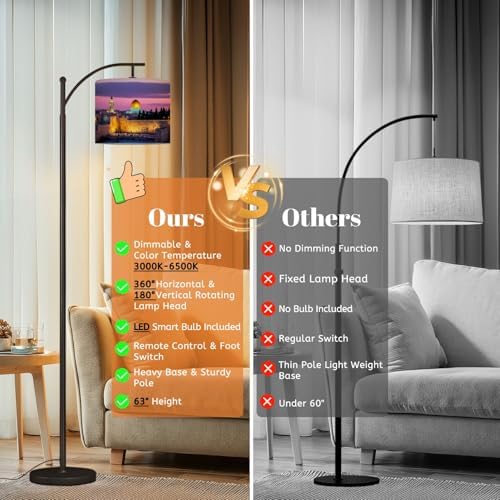 Arc Floor Lamp Old City Jerusalem Dimmable Modern Standing Lamp with Remote Adjustable Drum Shade Footswitch Tall Pole Lamp for Living Room Bedroom - Image 7