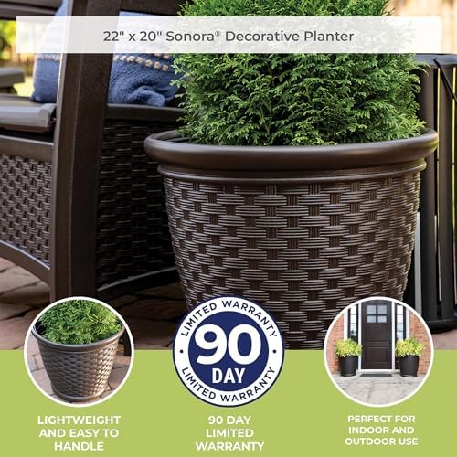 Suncast Sonora 22 Inch Plastic Wicker Indoor or Outdoor Decorative Garden Flower Planter for Entryways, Porch, and Backyard Patios, Dark Brown - Image 7