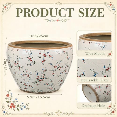 Geetery 10" Large Country Ceramic Pots Beige Vintage Floral Planters Decorative Plant Pot Wide Mouth with Drainage Hole for Indoor Outdoor Orchid Houseplant Home Office Shelf Table Decor Gift - Image 2