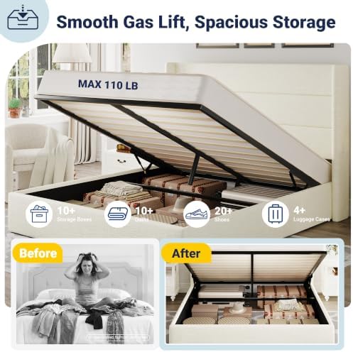 Allewie Queen Size Chenille Lift Up Hydraulic Storage Bed Frame Cream White - Image 4