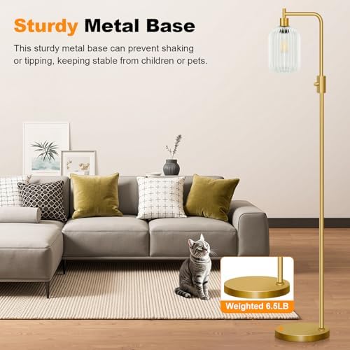 【Upgraded】 Dimmable Floor Lamp for Living Room with Clear Ribbed Glass Lampshade, Gold Modern Floor Lamp with 900LM LED Bulb Included, Arc Standing Tall Lamp for Bedroom, Office, Reading Room, Corner - Image 6