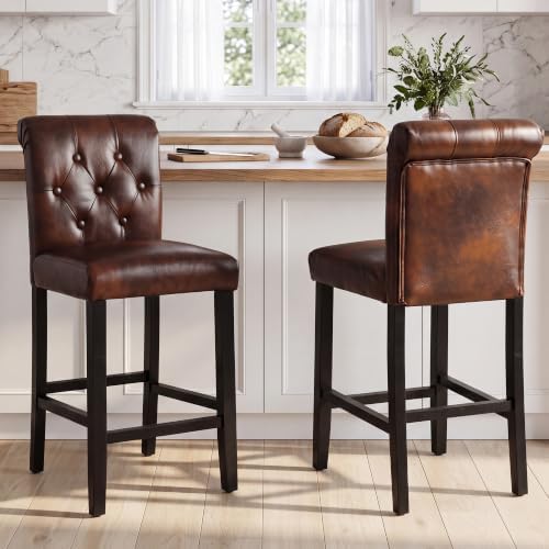 LSSBOUGHT 24 Inches Leather Counter Height Stools Set of 4 with Solid Wood Legs Bar Chairs for Kitchen lsland & Dining Room(Brown,4PCS) - Image 6