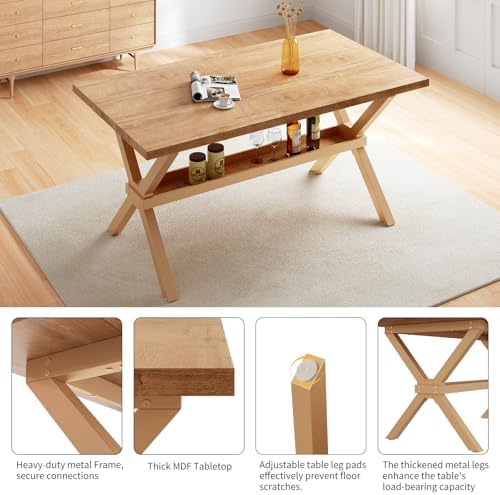 HIPIHOM 63" Oak Dining Table with Storage Shelves - Image 4