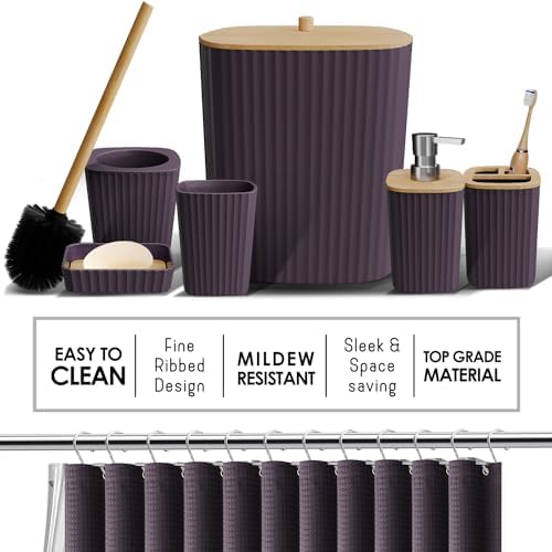 Clara Clark Bathroom Accessories Set - 27PC Bathroom Set with Adhesive Corner Shower Caddy Hanging, Bathroom Sets with Shower Curtain and Rugs, Purple Shower Curtain Set with Bathroom Trash Can - Image 4