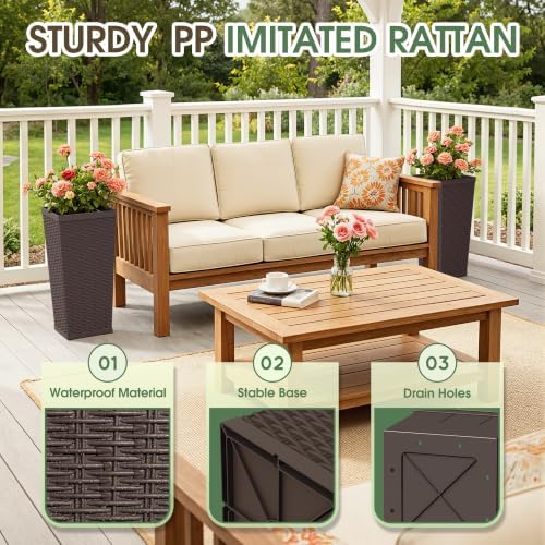 24 Inch Tall Plastic Planters (Set of 2) with Drainage Holes, Brown - Image 5