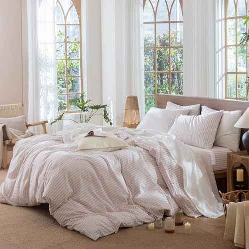 MooMee Striped Duvet Cover Set 100% Washed Cotton Linen Like Twin - Image 3
