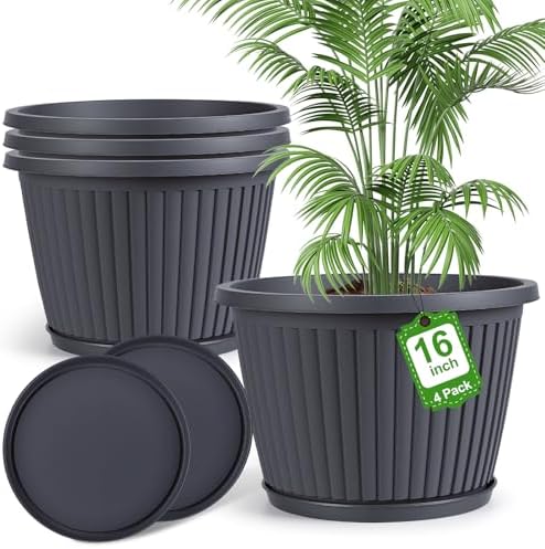 16-inch-Large-Planters-for-Outdoor-Plant，Plastic Indoor Flower Pots with Drainage Holes & Saucer，4 Packs Decorative Garden Pots for Plantfor Home Porch Decor by FlowyypoPlantPot