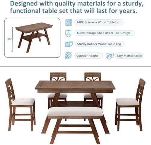 Heavy Solid Wood 6-Piece Counter Height Dining Table Set, Farmhouse Rustic Kitchen Dining Room Table Set with Padded 4 Chairs and Bench, 60 In Triangular Table with Storage Shelf (Walnut-T) - Image 4
