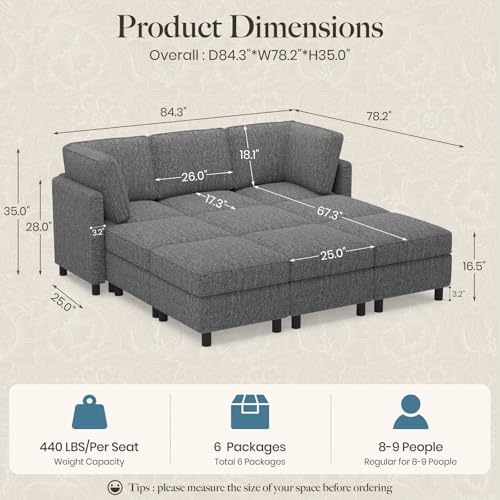 Belffin 84.3" 9 Seats Sleeper Sofa Modular Sectional Sofa Washable Sectional Couches for Living Room Comfy Couches with Storage Seat Couch Sofas with Chaise,Grey - Image 2
