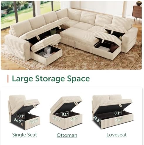 HONBAY Modular Sectional Sleeper Sofa with Pull Out Bed Oversized Corduroy L Shaped Sofa Bed with Storage Couches for Living Room,Beige - Image 3