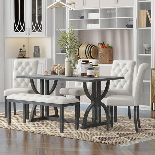 Merax 6-Piece Rustic Farmhouse Kitchen Dining Table Set, Modern 59.8'' Rectangular Dining Table with 4 Upholstered Chairs & 1 Bench for Kitchen Room, Gray Wash+Beige by Merax