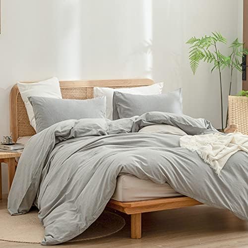 BESTOUCH Cotton Solid Duvet Cover Set Linen Feel Light Grey Oversized King - Image 4