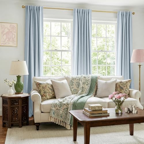 Faux Linen Total Blackout Curtains for Bedroom 84 Inch Long Chambray Blue - Image 5