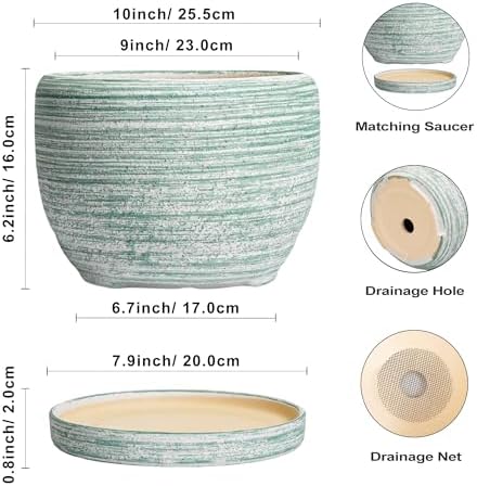 SQOWL Ceramic Pots for Plants - 10 Inch Ceramic Planter for Indoor Outdoor, Modern Round Flower Pot with Drainage Hole and Saucer, Large Planter, Home Office Decor, Gifts for Plant Lovers, Green - Image 3