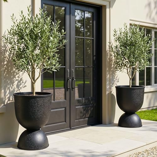 KOL 18 Inch Tall Planters, Black Plastic Urn Planters, 2 Pack by KOL