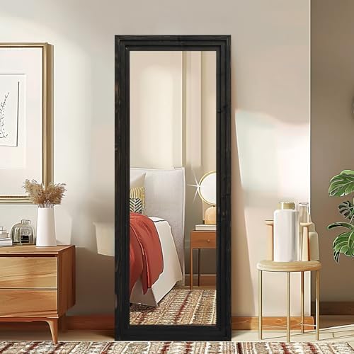 58x22in Full Length Mirror, 3-Tier Stepped Solid Wood Frame, Black - Image 4
