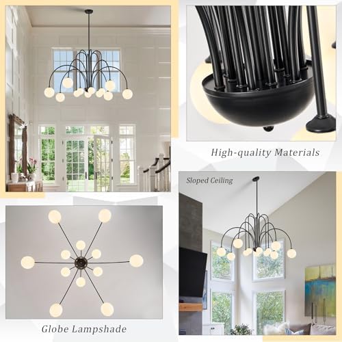 CATINER Modern 52" 12-Light Black Sputnik Chandelier with Milk Glass Globe - Image 4