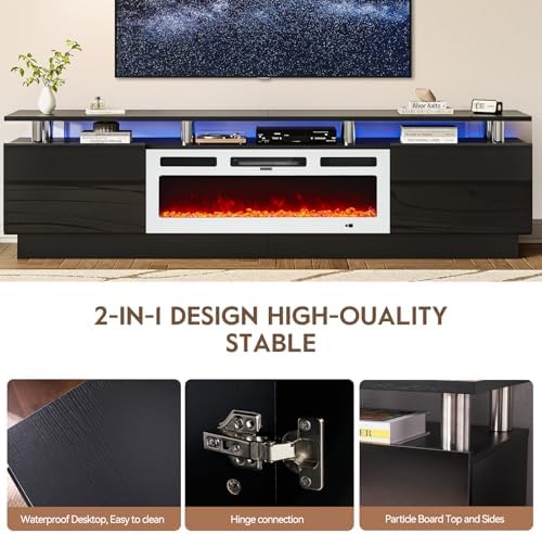 80" TV Stand for Living Room, Modern Entertainment Center & Media Console, Fits TVs up to 80", Storage Cabinet with Shelves, 36" Electric Fireplace with LED Flame(Black+White) - Image 5