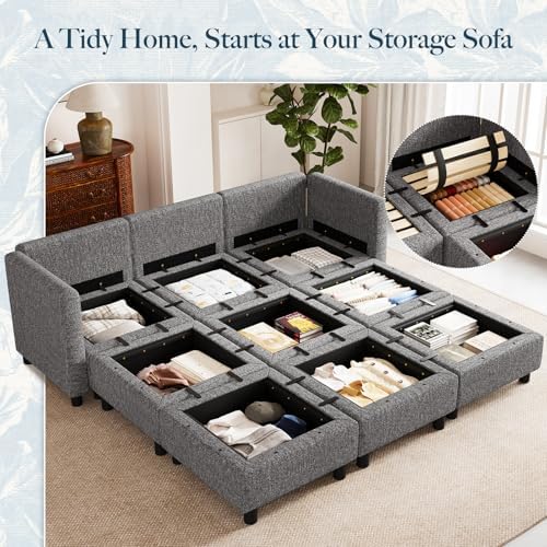 Belffin 84.3" 9 Seats Sleeper Sofa Modular Sectional Sofa Washable Sectional Couches for Living Room Comfy Couches with Storage Seat Couch Sofas with Chaise,Grey - Image 3