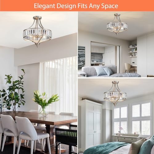 Brushed Nickel 4-Light Crystal Semi Flush Mount Ceiling Light Fixture Rustic Farmhouse Ceiling Lighting with Round Metal Shade Chandelier for Dining Room, Hallway, Bedroom, Foyer - Image 6