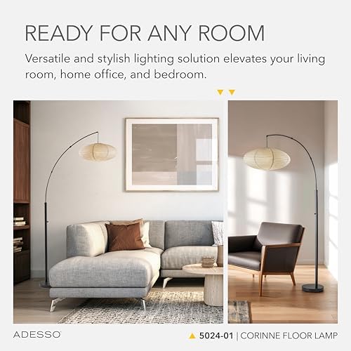 Adesso Floor Lamp, Black & Off-White Paper, Overhead Light, 80” - Image 3