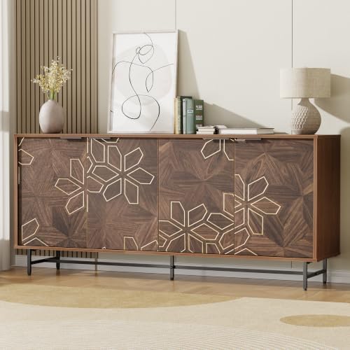 Mericonia 64 Inch Large Buffet Cabinet with Storage, Modern Mid-Century Walnut Sideboard with 4 Doors & Adjustable Shelves, Accent Credenza Coffee Bar for Kitchens, Dining Room, Living Room, Entryway by MERICONIA