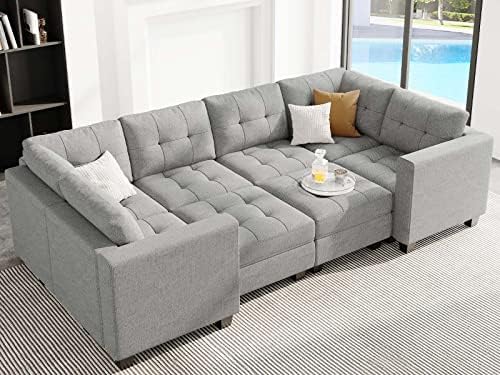 Belffin Modular Sleeper Sofa Bed with Storage Seat Oversized Modular Sectional Sofa Couch Set Reversible Modular Sleeper Sectional Couch Bed Light Grey - Image 3