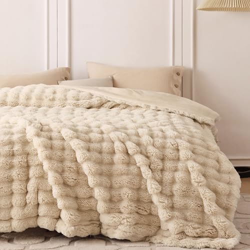 COOVA Soft Bubble Faux Fur Throw Blanket, 50"x60", Light Taupe - Image 4