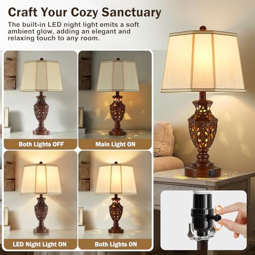 EJIAXIN Lamps for Night Stands Set of 2-23.5" Vintage Bedside Lamp with USB A+C and Nightlight - Brown Retro Carved Resin Farmhouse Desk Lamp for Bedrooms, End Tables, Living Room, Bulbs Included - Image 3