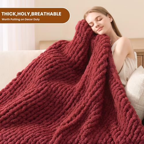 L'AGRATY Chunky Knit Throw Blanket for Couch, 60 x 80 Inches, Maroon Red - Image 4