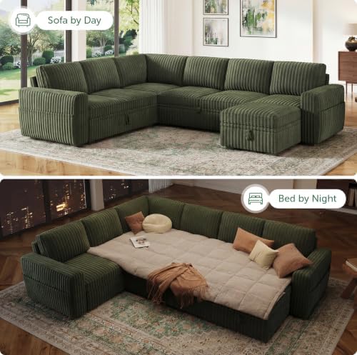 HONBAY Modular Sectional Sleeper Sofa with Pull Out Bed,Corduroy U Shaped Couch with Storage, Sectional Couches for Living Room,Green - Image 4