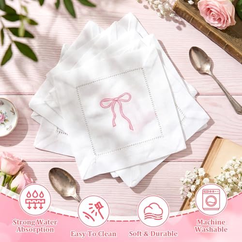 LemonRoad Embroidered White Linen Cocktail Napkin 6x6 inch Pink Bow Napkin Gift for Women Set of 12 Cloth Cocktail Washable Linen Hemstitch for Wedding,Birthday Bachelorette Pink Bow Themed Party - Image 3
