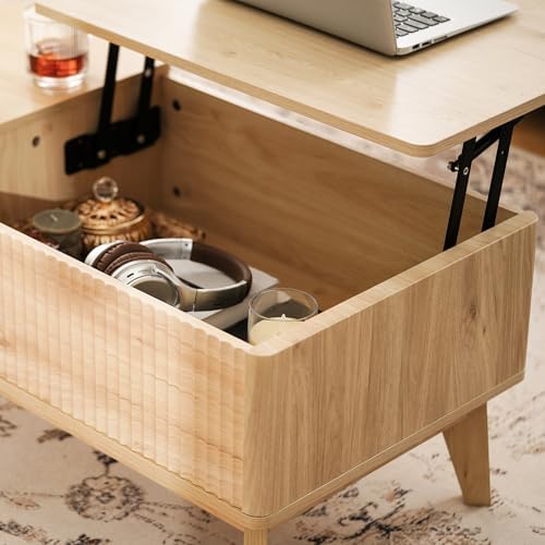 LYNCOHOME Fluted Lift Top Coffee Table with Storage, Modern Coffee Table for Living Room, Home Office(Natural) - Image 6