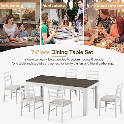Farmhouse 7-Piece Kitchen Dining Table Set, Solid Wood Rectangle Extendable Table with 12” Leaf and 2 Drawers, 6 Dining Chairs with Soft Cushion, Dining Table Set for 6 Persons (Brown+White FR) - Image 7