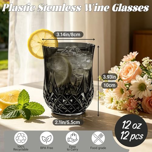 12 Pack Plastic Stemless Wine Glasses, 12oz Unbreakable Wine Cups - Image 2