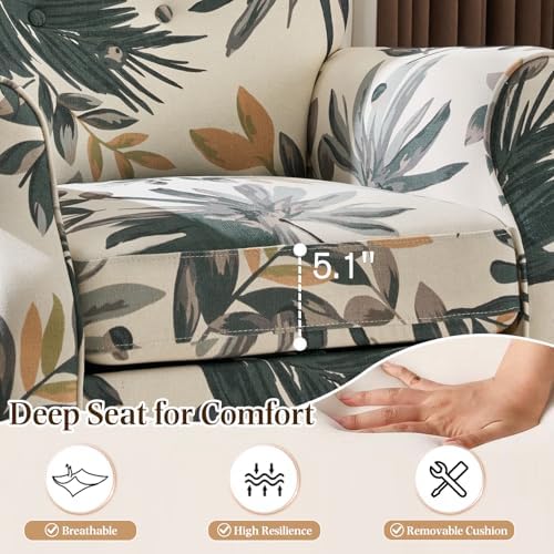 YOLENY Mid Century Wingback Arm Chair, Modern Upholstered Fabric High Back Accent Chair with Wood Legs, Upholstered Single Sofa Club Chair for Living Room, Bedroom, Home Office, Grey Green Leaves - Image 5